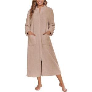image:imageEkouaer Women Zipper Robe Fleece Long Sleeves Bathrobe Sleepwear Warm Soft Housecoat with Pockets Zip Up House DressesKhaki