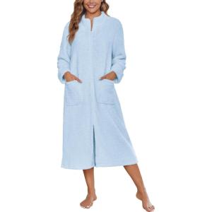 image:imageEkouaer Women Zipper Robe Fleece Long Sleeves Bathrobe Sleepwear Warm Soft Housecoat with Pockets Zip Up House DressesLight Blue