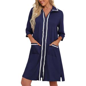 image:imageEkouaer Women Zipper Robe Lightweight House Coat Zipper Front Short Bathrobes Soft Nightgown with Pockets S3XLNavy Blue