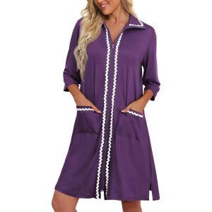 image:imageEkouaer Women Zipper Robe Lightweight House Coat Zipper Front Short Bathrobes Soft Nightgown with Pockets S3XLPurple