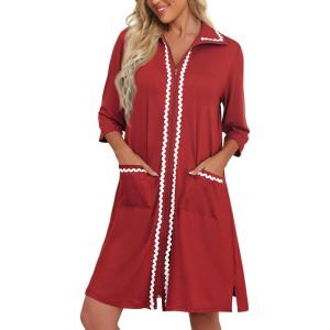 image:imageEkouaer Women Zipper Robe Lightweight House Coat Zipper Front Short Bathrobes Soft Nightgown with Pockets S3XLWine Red