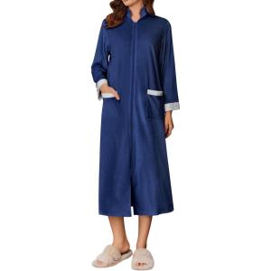 image:imageEkouaer Women Zipper Robe Long Sleeve House Coats Velour Robes Soft Bathrobe with Pockets Nightgown S3XLNavy Blue