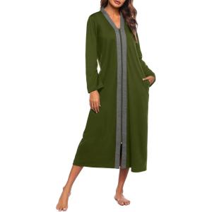 image:imageEkouaer Women Zipper Robe Long Sleeve Loungewear Lightweight Housecoat Full Length Nightgown with PocketsArmy Green