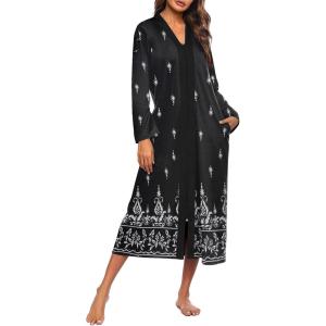 image:imageEkouaer Women Zipper Robe Long Sleeve Loungewear Lightweight Housecoat Full Length Nightgown with PocketsBlack Ethnic Print