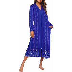 image:imageEkouaer Women Zipper Robe Long Sleeve Loungewear Lightweight Housecoat Full Length Nightgown with PocketsBlue Ethnic Floral