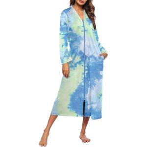 image:imageEkouaer Women Zipper Robe Long Sleeve Loungewear Lightweight Housecoat Full Length Nightgown with PocketsGreen Tie Dye