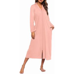 image:imageEkouaer Women Zipper Robe Long Sleeve Loungewear Lightweight Housecoat Full Length Nightgown with PocketsLight Coralline