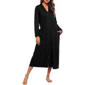 image:imageEkouaer Women Zipper Robe Long Sleeve Loungewear Lightweight Housecoat Full Length Nightgown with PocketsPure Black
