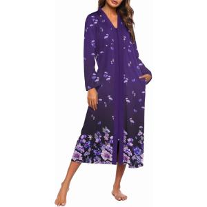 image:imageEkouaer Women Zipper Robe Long Sleeve Loungewear Lightweight Housecoat Full Length Nightgown with PocketsPurple Floral
