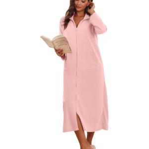 image:imageEkouaer Women Zipper Robe Long Sleeves House Coat Soft Bathrobe Sleepwear with Pockets Housecoat LoungewearAlight Pink