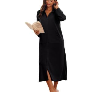 image:imageEkouaer Women Zipper Robe Long Sleeves House Coat Soft Bathrobe Sleepwear with Pockets Housecoat LoungewearBlack