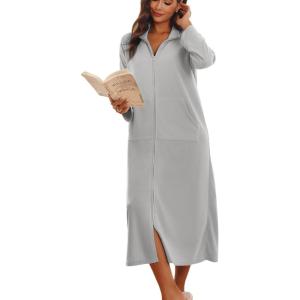 image:imageEkouaer Women Zipper Robe Long Sleeves House Coat Soft Bathrobe Sleepwear with Pockets Housecoat LoungewearLight Gray