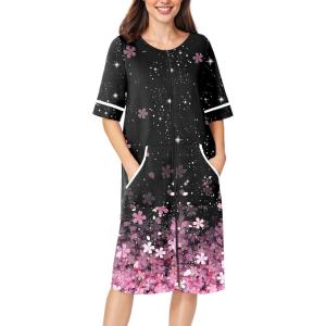 image:imageEkouaer Women Zipper Robe Short Sleeve Duster Housecoat Short Bathrobes Zip Front Nightgown with Pockets S3XLCherry Blossoms