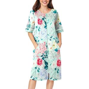 image:imageEkouaer Women Zipper Robe Short Sleeve Duster Housecoat Short Bathrobes Zip Front Nightgown with Pockets S3XLGreen Flower