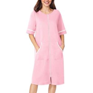 image:imageEkouaer Women Zipper Robe Short Sleeve Duster Housecoat Short Bathrobes Zip Front Nightgown with Pockets S3XLPink