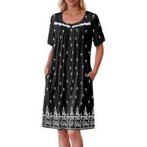 image:imageEkouaer Women Zipper Robe Short Sleeves House Coat Zipper Front Bathrobe Sleepwear with Pockets Housecoat NightgownFloral Black