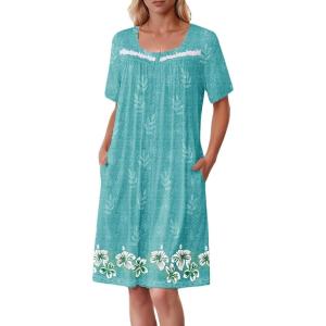 image:imageEkouaer Women Zipper Robe Short Sleeves House Coat Zipper Front Bathrobe Sleepwear with Pockets Housecoat NightgownFloral Green