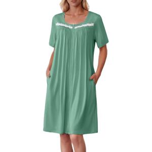 image:imageEkouaer Women Zipper Robe Short Sleeves House Coat Zipper Front Bathrobe Sleepwear with Pockets Housecoat NightgownGray Green