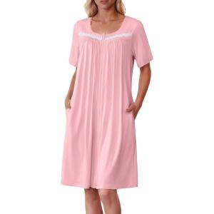 image:imageEkouaer Women Zipper Robe Short Sleeves House Coat Zipper Front Bathrobe Sleepwear with Pockets Housecoat NightgownPink