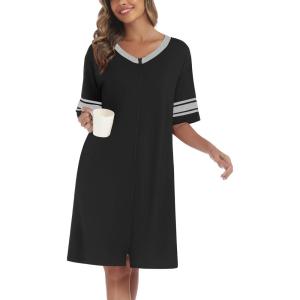 image:imageEkouaer Women Zipper Robe Short Striped Sleeves Lightweight Robes Color Block Bathrobe Soft Sleepwear with Pockets S3XLBlack