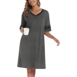 image:imageEkouaer Women Zipper Robe Short Striped Sleeves Lightweight Robes Color Block Bathrobe Soft Sleepwear with Pockets S3XLDark Grey