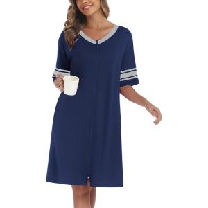 image:imageEkouaer Women Zipper Robe Short Striped Sleeves Lightweight Robes Color Block Bathrobe Soft Sleepwear with Pockets S3XLDeep Blue