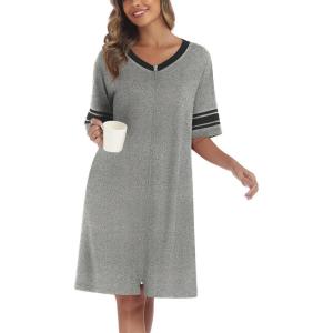 image:imageEkouaer Women Zipper Robe Short Striped Sleeves Lightweight Robes Color Block Bathrobe Soft Sleepwear with Pockets S3XLGrey