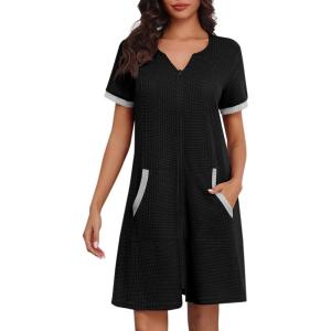image:imageEkouaer Women Zipper Robe Waffle Short Sleeve Bathrobes Lightweight Knee Length Housecoat with Pockets S3XLBlack