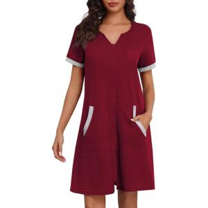image:imageEkouaer Women Zipper Robe Waffle Short Sleeve Bathrobes Lightweight Knee Length Housecoat with Pockets S3XLDark Red