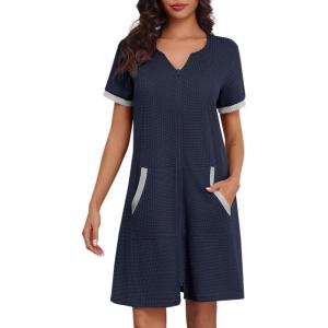 image:imageEkouaer Women Zipper Robe Waffle Short Sleeve Bathrobes Lightweight Knee Length Housecoat with Pockets S3XLDeep Navy Waffle