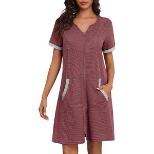 image:imageEkouaer Women Zipper Robe Waffle Short Sleeve Bathrobes Lightweight Knee Length Housecoat with Pockets S3XLRosy Gray Purple