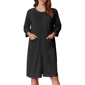 image:imageEkouaer Women Zipper Robes 34 Sleeve Ribbed Knit Bathrobe Lightweight Knee Length Loungewear Housecoat with Pockets S3XLBlack