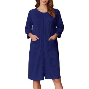 image:imageEkouaer Women Zipper Robes 34 Sleeve Ribbed Knit Bathrobe Lightweight Knee Length Loungewear Housecoat with Pockets S3XLDark Blue