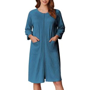 image:imageEkouaer Women Zipper Robes 34 Sleeve Ribbed Knit Bathrobe Lightweight Knee Length Loungewear Housecoat with Pockets S3XLDuck Blue