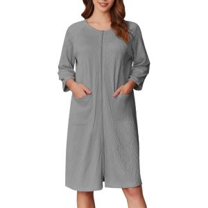 image:imageEkouaer Women Zipper Robes 34 Sleeve Ribbed Knit Bathrobe Lightweight Knee Length Loungewear Housecoat with Pockets S3XLGrey