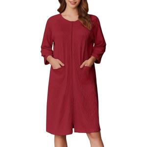 image:imageEkouaer Women Zipper Robes 34 Sleeve Ribbed Knit Bathrobe Lightweight Knee Length Loungewear Housecoat with Pockets S3XLRed