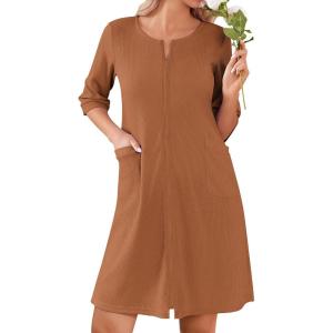 image:imageEkouaer Women Zipper Robes Knee Length Waffle Knit Bathrobe Lightweight House Coat with Pockets 34 Sleeves Loungewear S3XLDeep Khaki