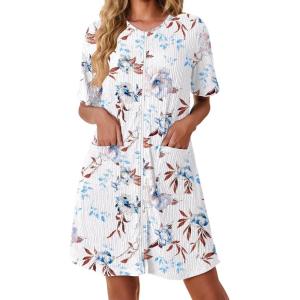 image:imageEkouaer Women Zipper Robes Knit Short Bathrobe Lightweight House Coat with Pockets Soft Nightgown SXXLBig Floral White