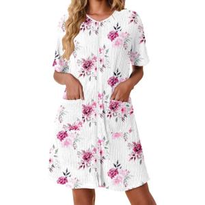 image:imageEkouaer Women Zipper Robes Knit Short Bathrobe Lightweight House Coat with Pockets Soft Nightgown SXXLFloral White