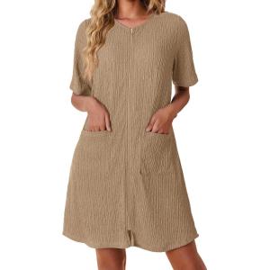 image:imageEkouaer Women Zipper Robes Knit Short Bathrobe Lightweight House Coat with Pockets Soft Nightgown SXXLKhaki