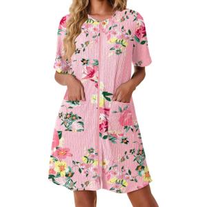 image:imageEkouaer Women Zipper Robes Knit Short Bathrobe Lightweight House Coat with Pockets Soft Nightgown SXXLPink Floral