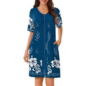 image:imageEkouaer Women Zipper Robes Short Sleeves Housecoat Lightweight Bathrobes Zip Up Robe Casual Nightgown with Pockets S2XLBlue Floral