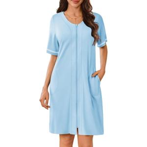 image:imageEkouaer Women Zipper Robes Short Sleeves Housecoat Lightweight Bathrobes Zip Up Robe Casual Nightgown with Pockets S2XLLight Blue