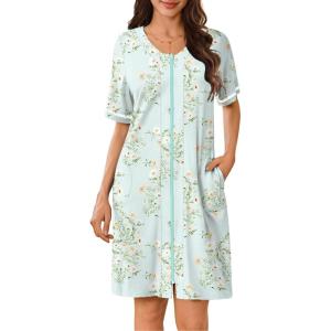 image:imageEkouaer Women Zipper Robes Short Sleeves Housecoat Lightweight Bathrobes Zip Up Robe Casual Nightgown with Pockets S2XLLight Green Floral