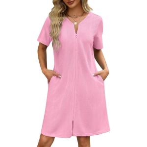 image:imageEkouaer Women Zipper Robes Waffle Short Bathrobe Lightweight House Coat with Pockets Soft Nightgown