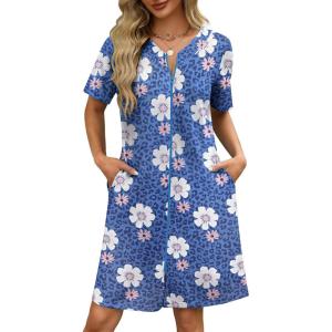 image:imageEkouaer Women Zipper Robes Waffle Short Bathrobe Lightweight House Coat with Pockets Soft Nightgown S3XLBlue Leopard Floral