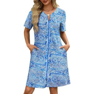 image:imageEkouaer Women Zipper Robes Waffle Short Bathrobe Lightweight House Coat with Pockets Soft Nightgown S3XLBlue Paisley