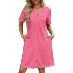 image:imageEkouaer Women Zipper Robes Waffle Short Bathrobe Lightweight House Coat with Pockets Soft Nightgown S3XLHot Pink