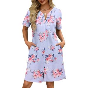 image:imageEkouaer Women Zipper Robes Waffle Short Bathrobe Lightweight House Coat with Pockets Soft Nightgown S3XLLight Blue Floral