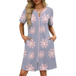 image:imageEkouaer Women Zipper Robes Waffle Short Bathrobe Lightweight House Coat with Pockets Soft Nightgown S3XLLight Purple Floral